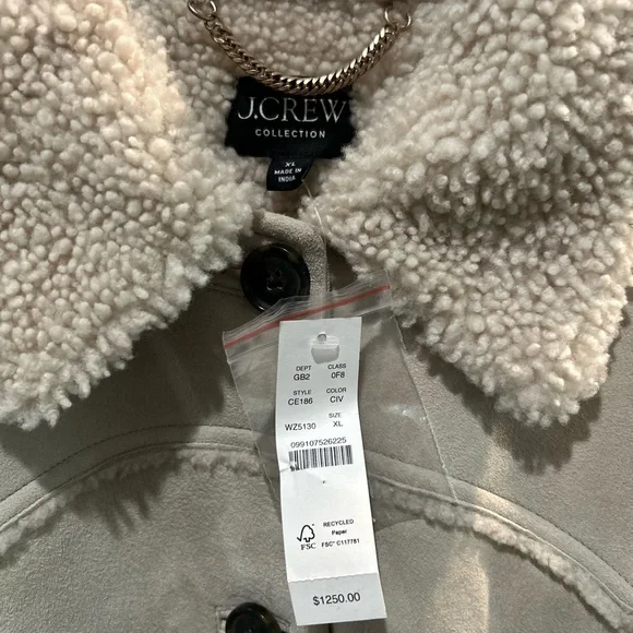 J. Crew Collection Shearling Jacket in Cream Ivory Cropped Fit NEW Sz. XL $1250